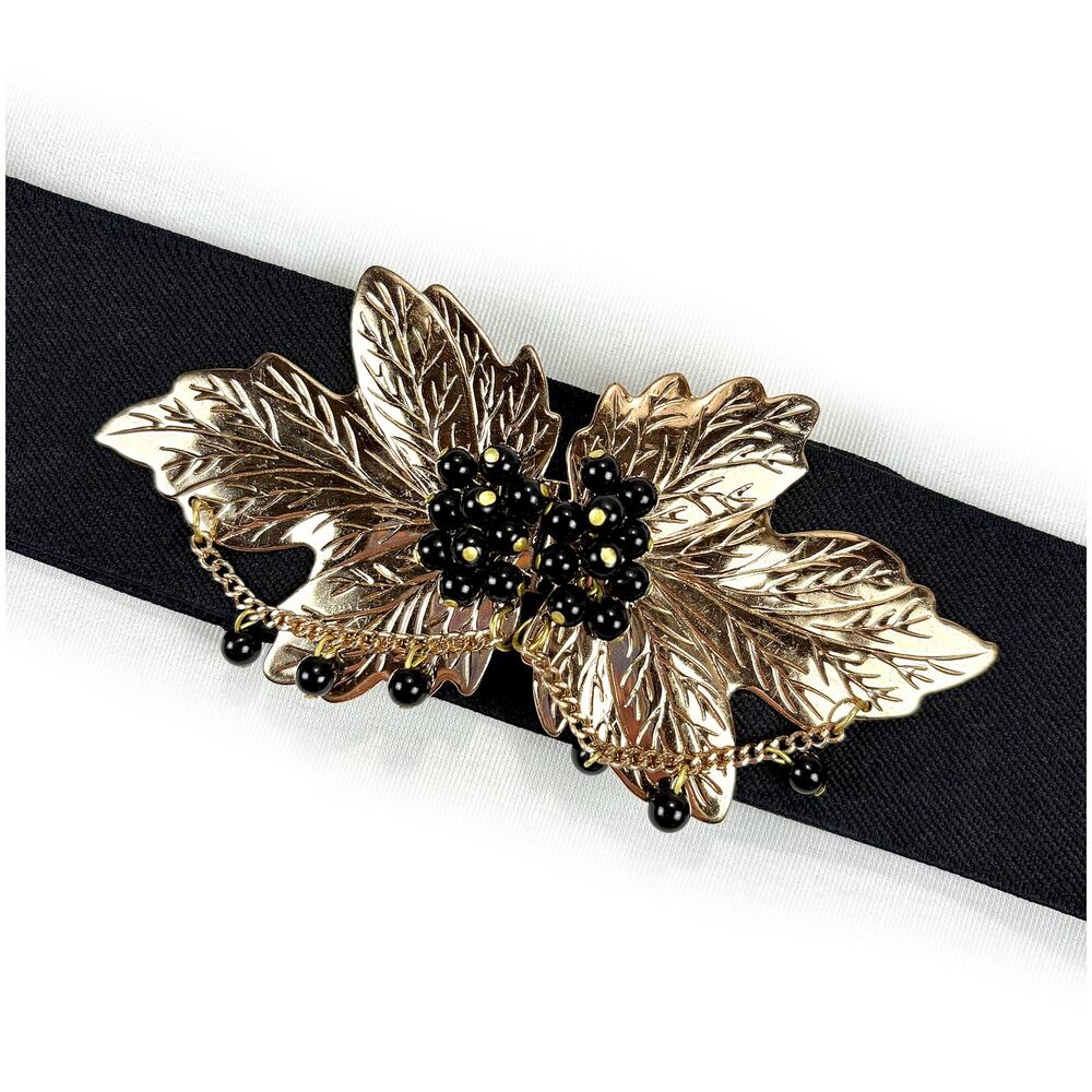 VTG 80s Cinch Belt Black Women's OS Gold Leaf Berry Stretch Statement Fall